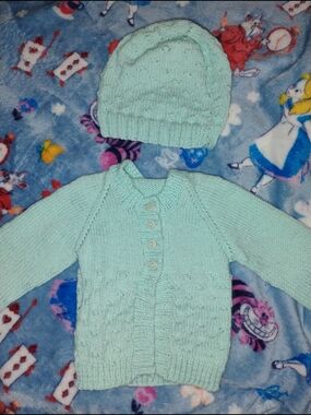 Hand-Knit Baby Cardigan and Hat Set - Mint Green